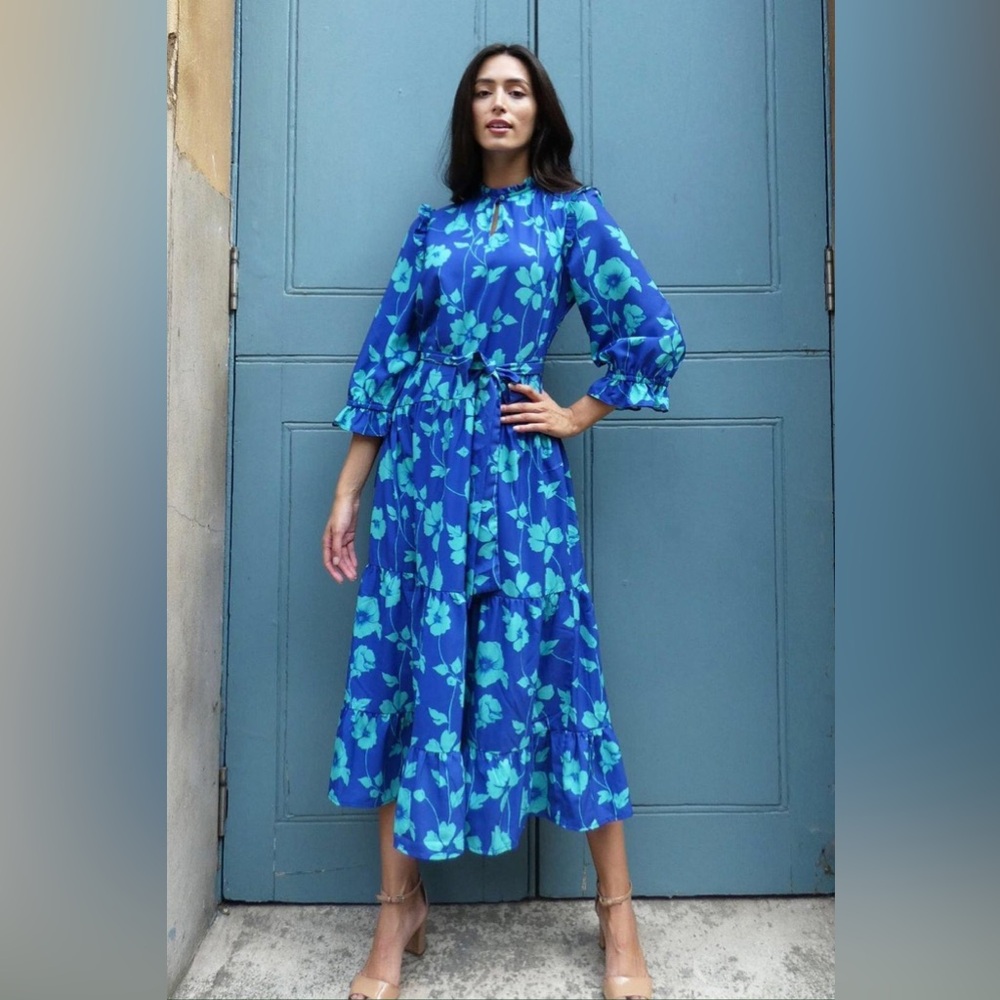 RAISHMA STUDIO / Blue Floral Tiered Midi Dress - Sz L - NWT